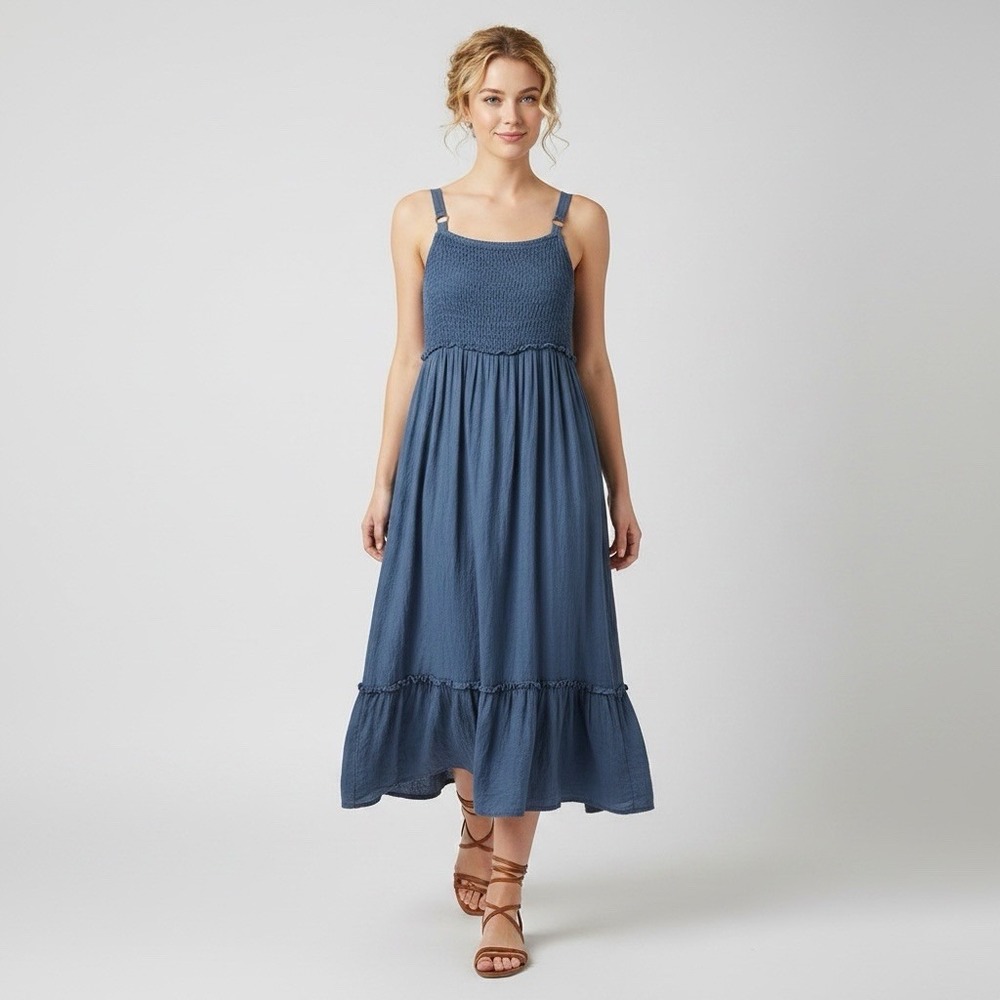 Mlle Gabrielle Blue Chambray Maxi Dress Smocked Straps Tiered Boho Sundress 2XL‎